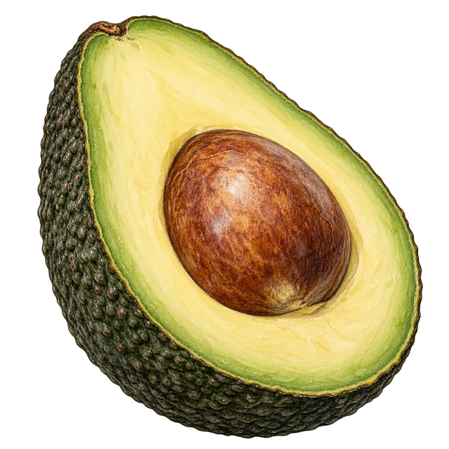 An avocado half with dark pebbled skin around green-yellow flesh and a single large brown seed.