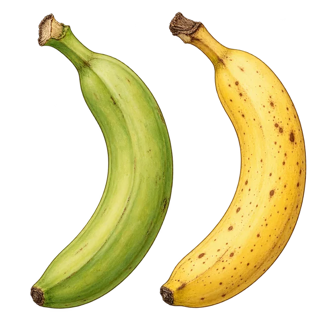 A green banana on the left and a similarly sized yellow banana with a few brown speckles on the right.