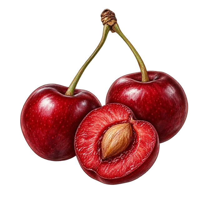 Two deep-red sweet cherries and a cut cherry exposing red flesh around a single stone.