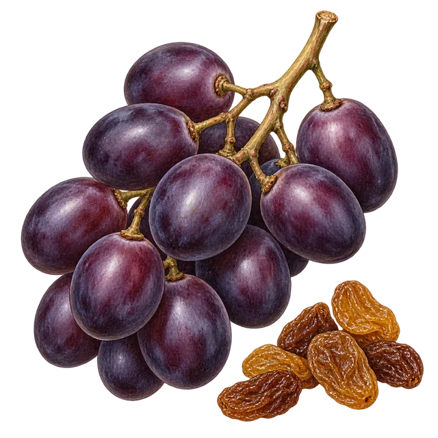 A short cluster of plump purple grapes beside shriveled golden-brown raisins.