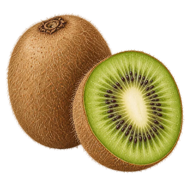 A fuzzy brown kiwifruit beside a cut half showing green flesh, a pale center and a ring of tiny dark seeds.