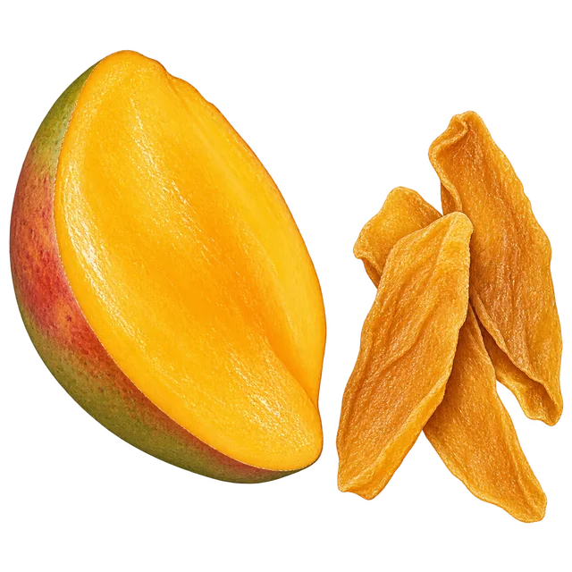 Fresh orange-yellow mango flesh with a thin peel edge on the left, beside smaller, leathery dried mango strips.