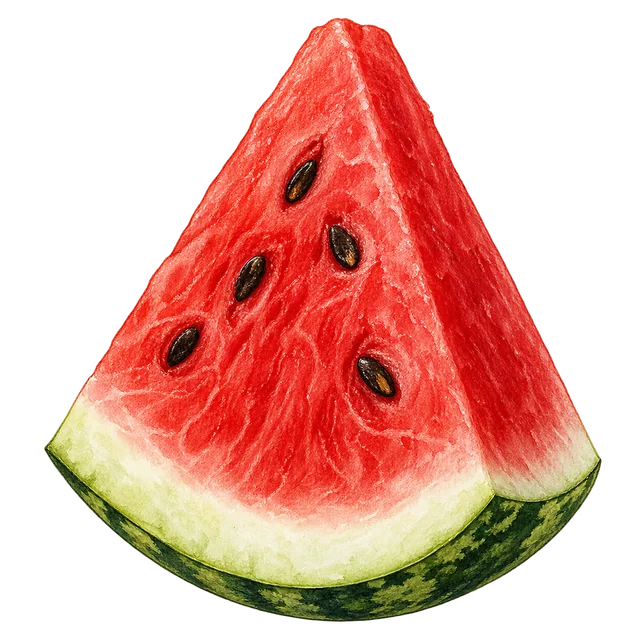 A red watermelon wedge with a few black seeds, thick pale inner rind and a thin green outer skin.