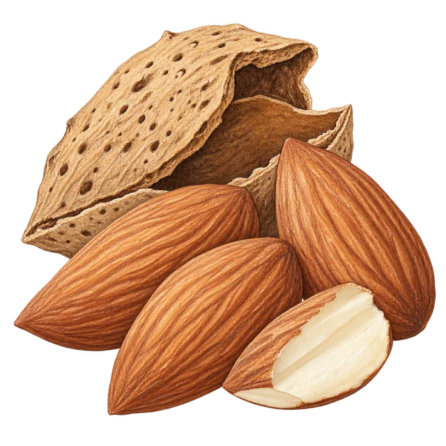 Brown-skinned almond kernels with a cut kernel exposing its pale interior and an opened hard shell behind.