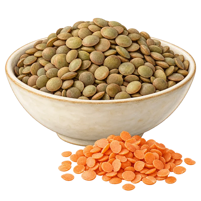 Green-brown whole lentils in a bowl, with orange-red dehulled split lentils in front.