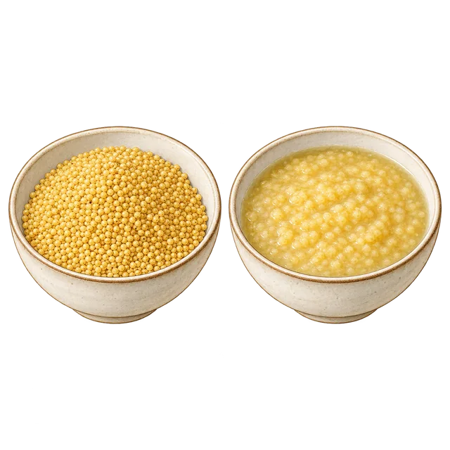 Dry golden millet in the left bowl and softened, water-swollen millet porridge in the right.