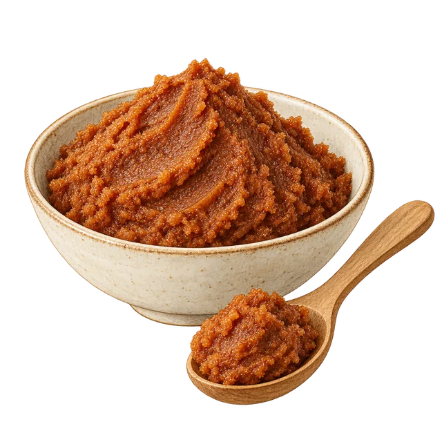 A bowl of brown fermented miso paste beside a wooden spoon holding a dollop.