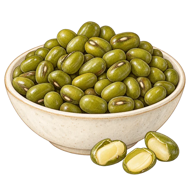 A bowl of green mung beans with cut specimens showing pale-yellow interiors inside thin green seed coats.