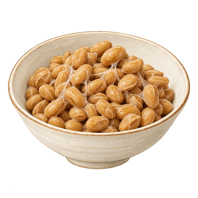 A bowl of golden-brown fermented whole beans connected by fine translucent sticky threads.