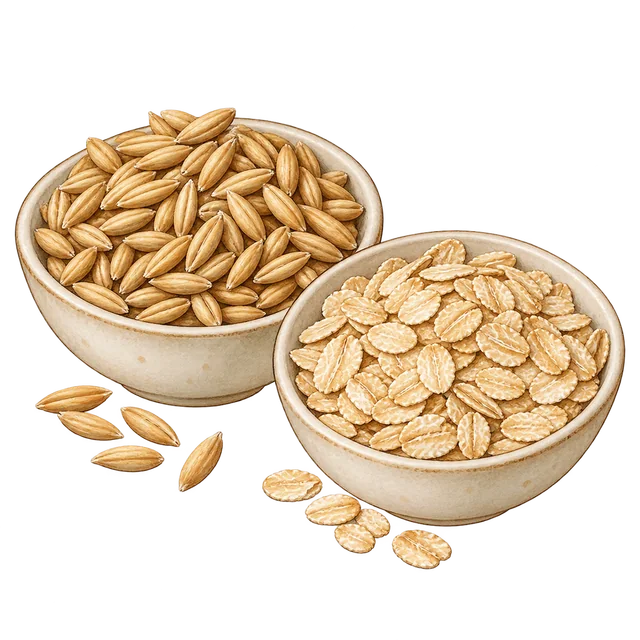 A bowl of elongated oat grains on the left and pale rolled flakes on the right, with a few loose specimens in front.
