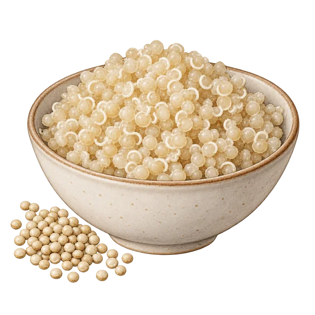 A small pile of raw quinoa seeds beside a bowl of cooked white quinoa, with curved pale germs visible.