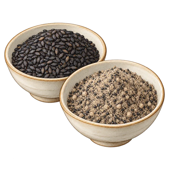 Whole black sesame in the rear-left bowl and pale ground sesame with dark seed-coat fragments in the front-right bowl.