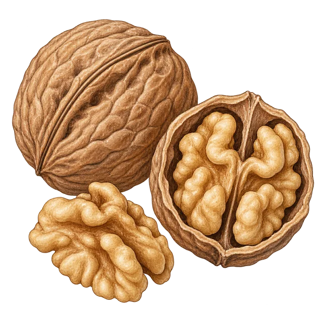 A whole walnut, an opened shell half holding a folded kernel, and a separate kernel piece in front.
