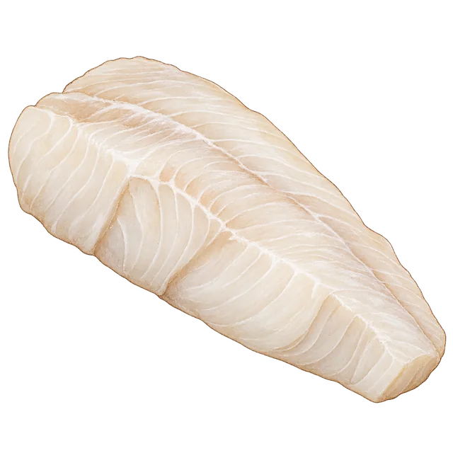 A pale raw cod fillet with natural layers of muscle.