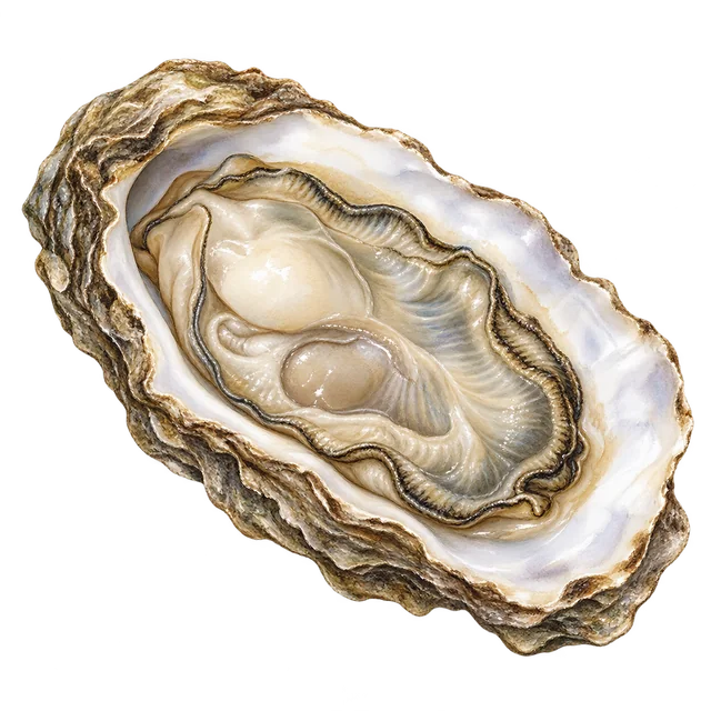 An opened oyster with a soft grey-cream body inside a rough layered shell.