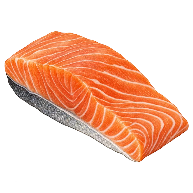 A raw salmon fillet with pale fat streaks through orange flesh.
