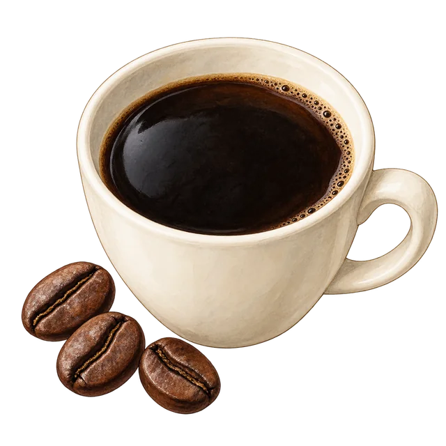 A cup of black coffee with three roasted beans showing their central grooves.