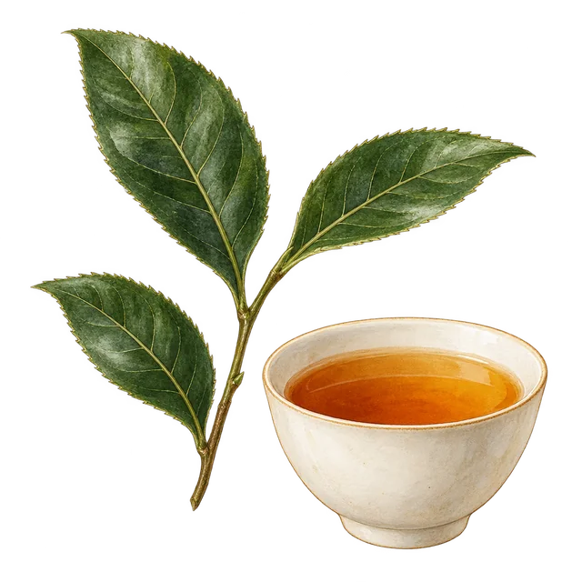 三片细锯齿边缘的茶树叶和一小杯琥珀色茶汤。
